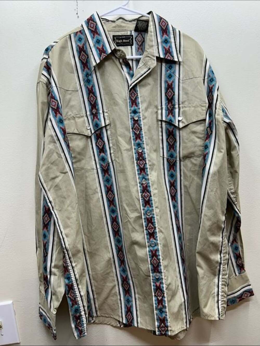 VTG High Noon Beige Southwestern Stripe Pearl-Snap Western Shirt
